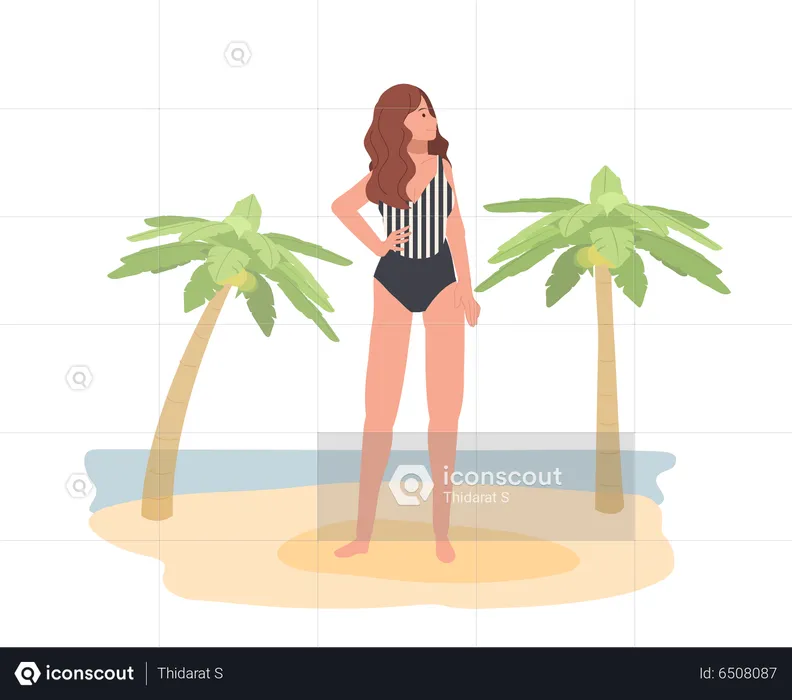 Woman In Swim Suit On The Beach  Illustration