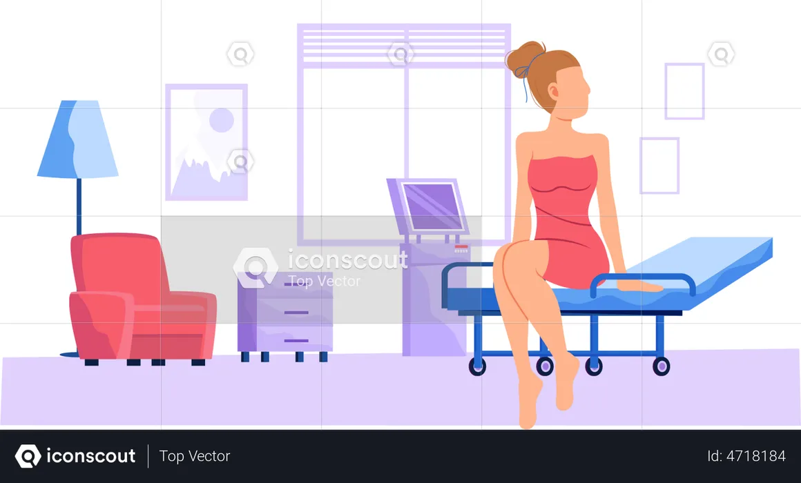 Woman in swimsuit sitting on bed in hospital room  Illustration