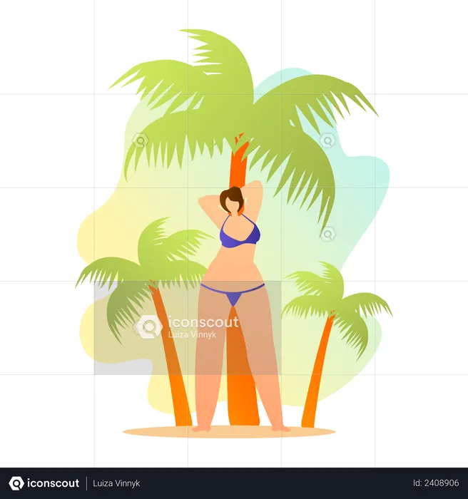 Woman in swimsuits dancing and posing on beach near palm trees  Illustration