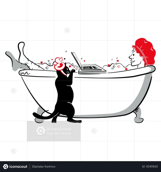 Woman in the bathroom with a laptop  Illustration