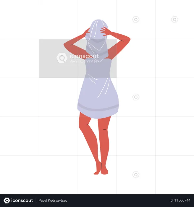 수건을 두른 여성이 상쾌한 목욕을 한 후 수건으로 머리를 닦고 있다  일러스트레이션