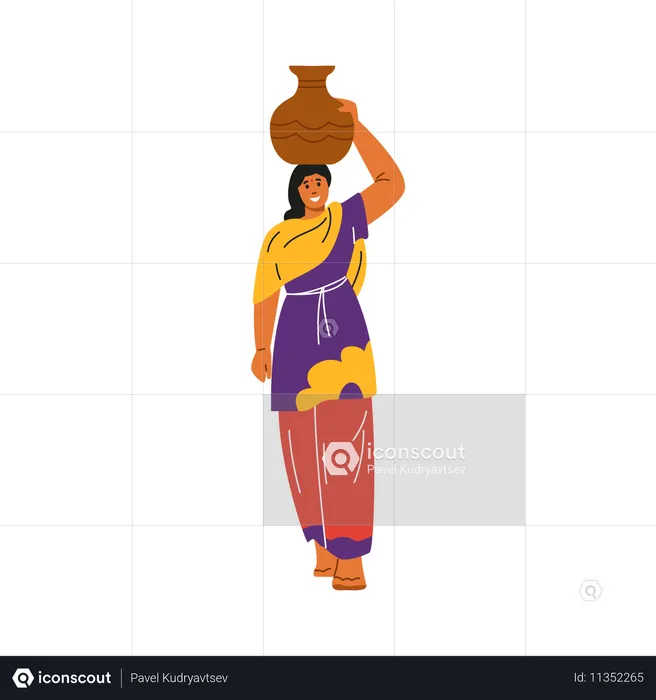 Woman in traditional sari and trousers holding clay pot on her head  Illustration