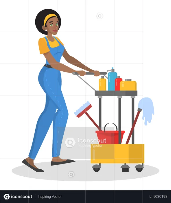 Woman in uniform pushing cleaning trolley  Illustration