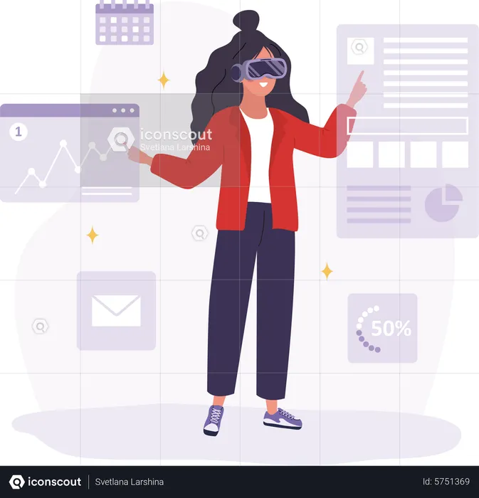 Woman in VR glasses analyzes cryptocurrency charts  Illustration