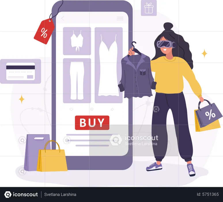 Woman in VR glasses choosing goods in web application  Illustration