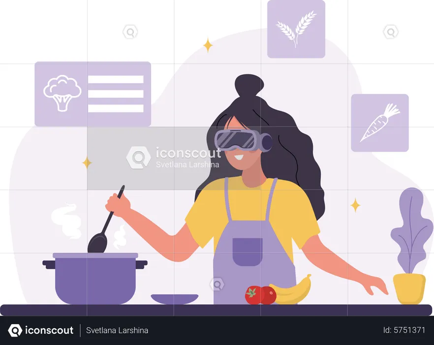 Woman in VR glasses cooking in metaverse  Illustration