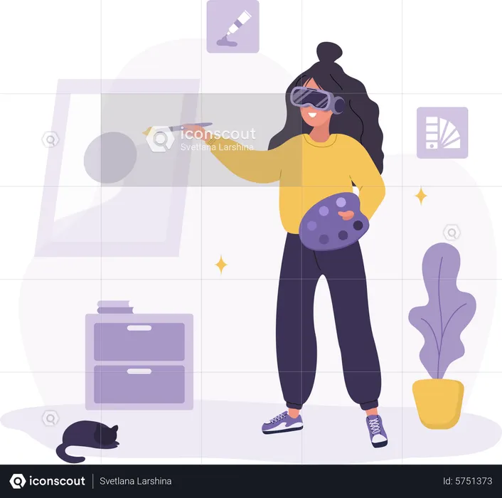 Woman in VR glasses creating NFT art in metaverse  Illustration