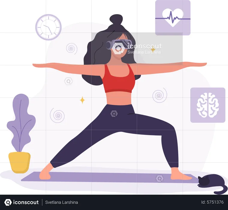 Woman in VR glasses doing exercises and yoga  Illustration