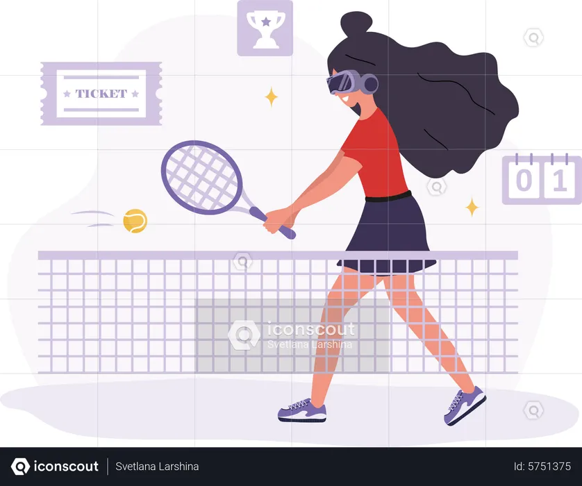 Woman in VR glasses playing tennis with racquet  Illustration