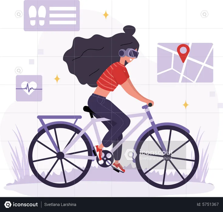 Woman in VR glasses riding bike  Illustration