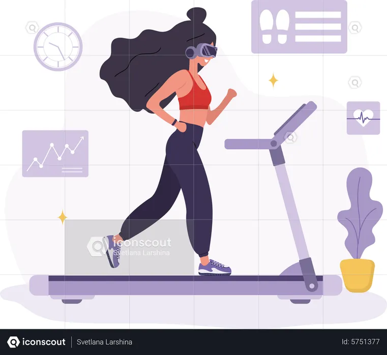 Woman in VR glasses running on treadmill  Illustration