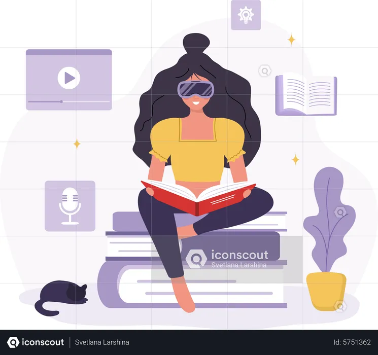 Woman in VR glasses sitting and reading books  Illustration