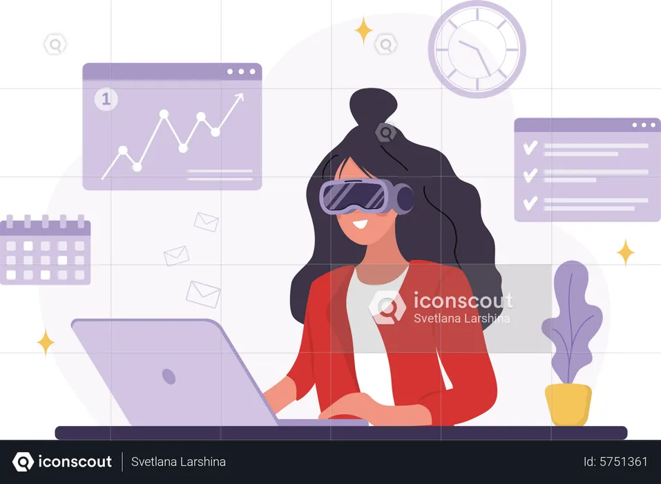 Woman in VR glasses sitting at office  Illustration