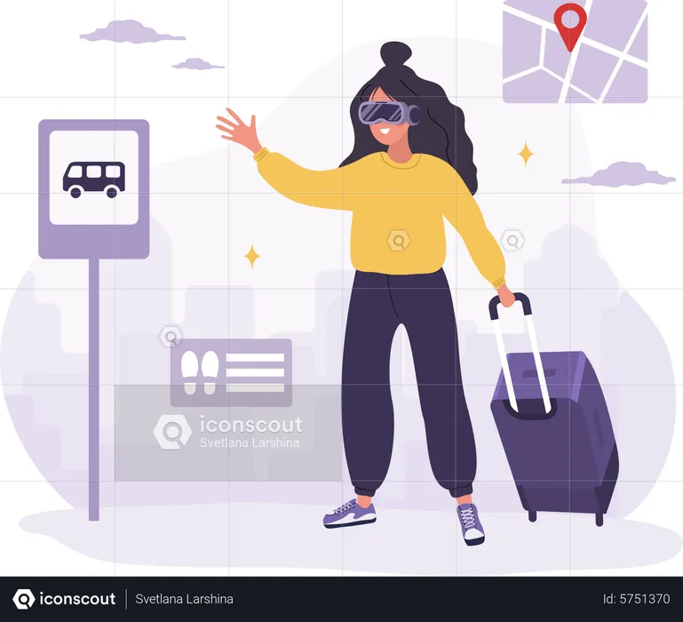 Woman in VR glasses traveling around the world in metaverse  Illustration