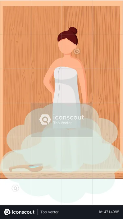 Woman in white towel rests on wooden bench at hot steam sauna  Illustration
