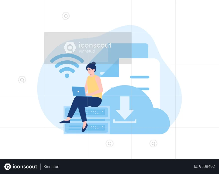 Woman inputs data into cloud storage  Illustration