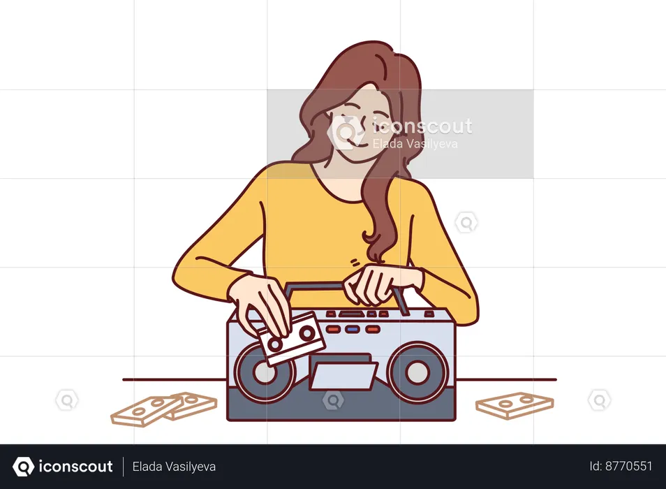 Woman inserts tape cassette into player to turn on music  Illustration