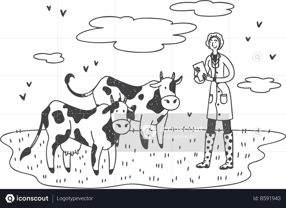 Woman inspector caring cow  Illustration