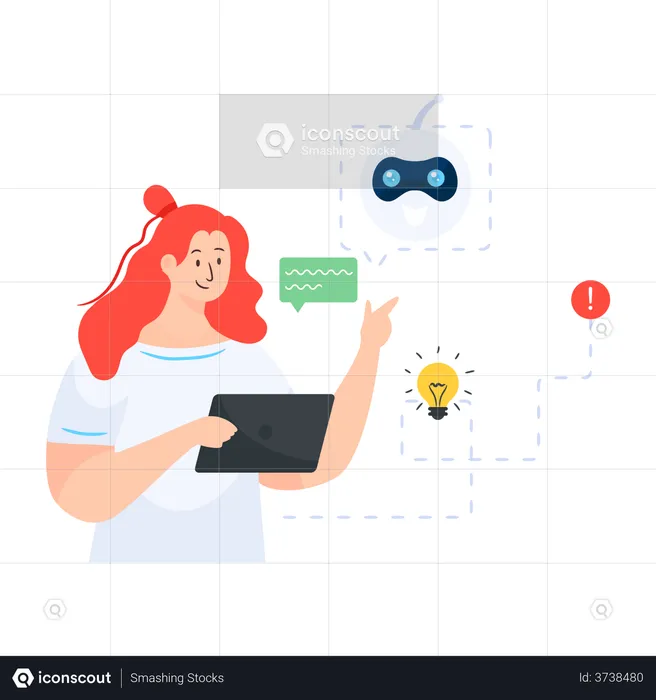 Woman interacting with digital assistant  Illustration