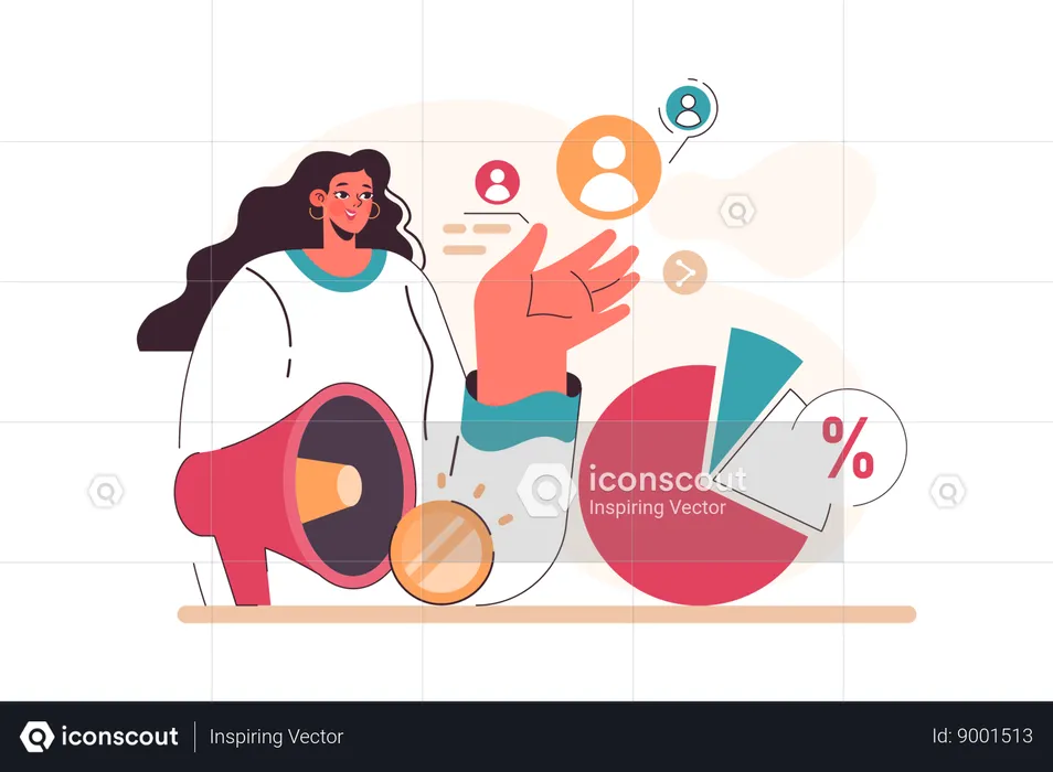 Woman investigates social media marketing  Illustration