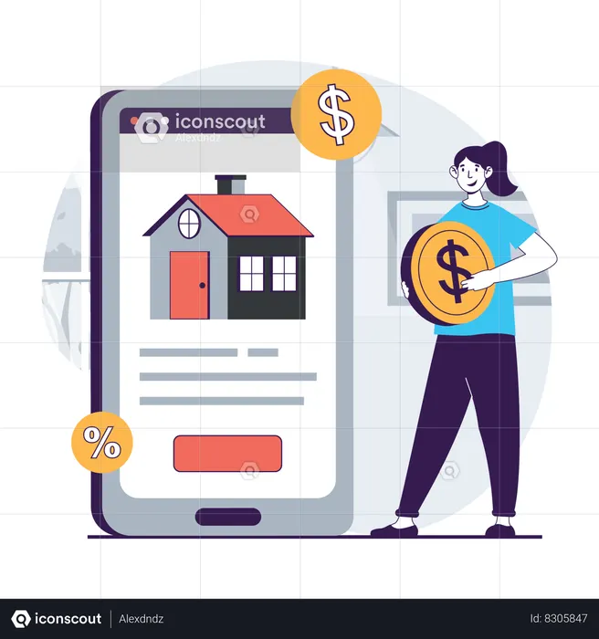 Woman investing in online real estate  Illustration