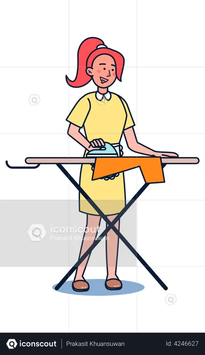 Woman ironing clothes on iron stand  Illustration