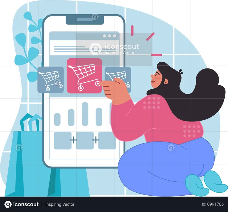 Woman is adding items in shopping cart  Illustration