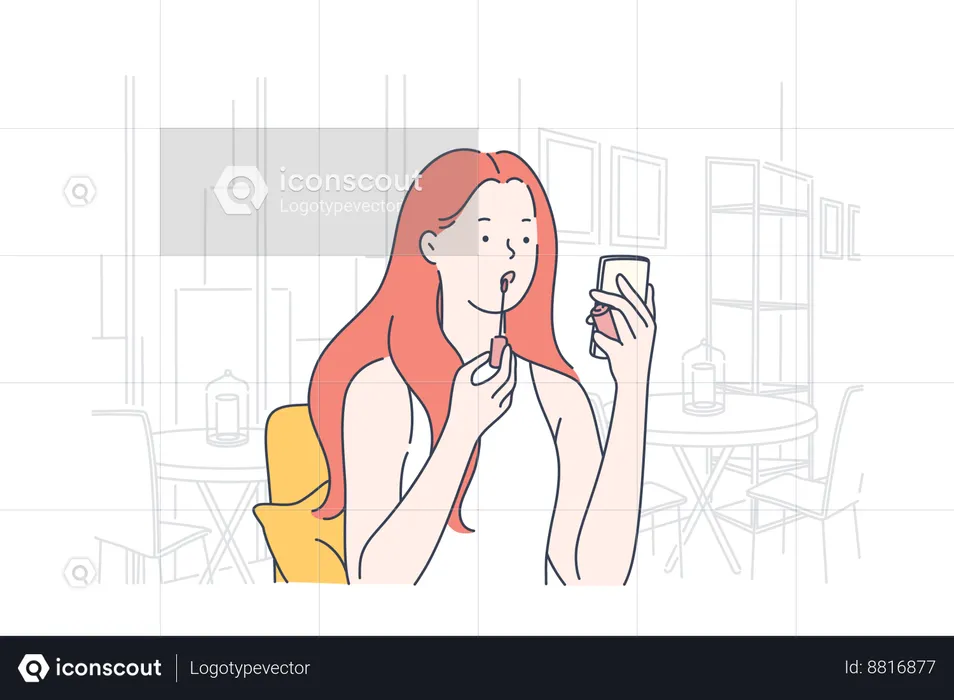 Woman is applying lipstick in office  Illustration