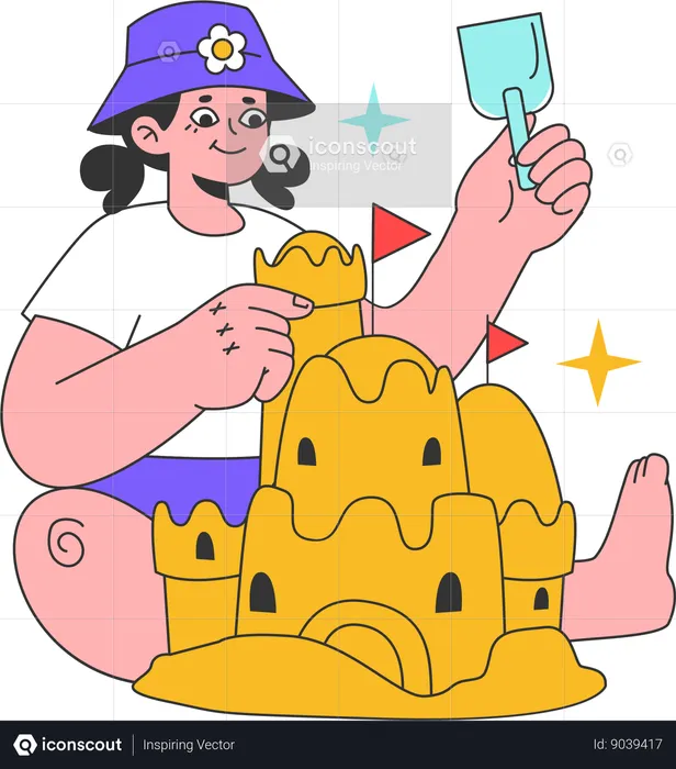 Woman is building sand castle  Illustration