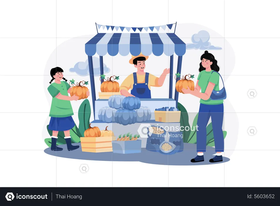 Woman Is Buying Pumpkins To Decorate For Thanksgiving Day  Illustration