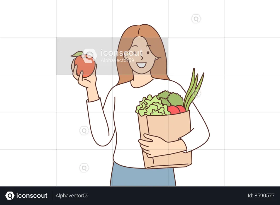 Woman is carrying grocery basket  Illustration