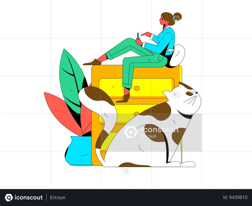Woman is chatting on phone while relaxing from home  Illustration
