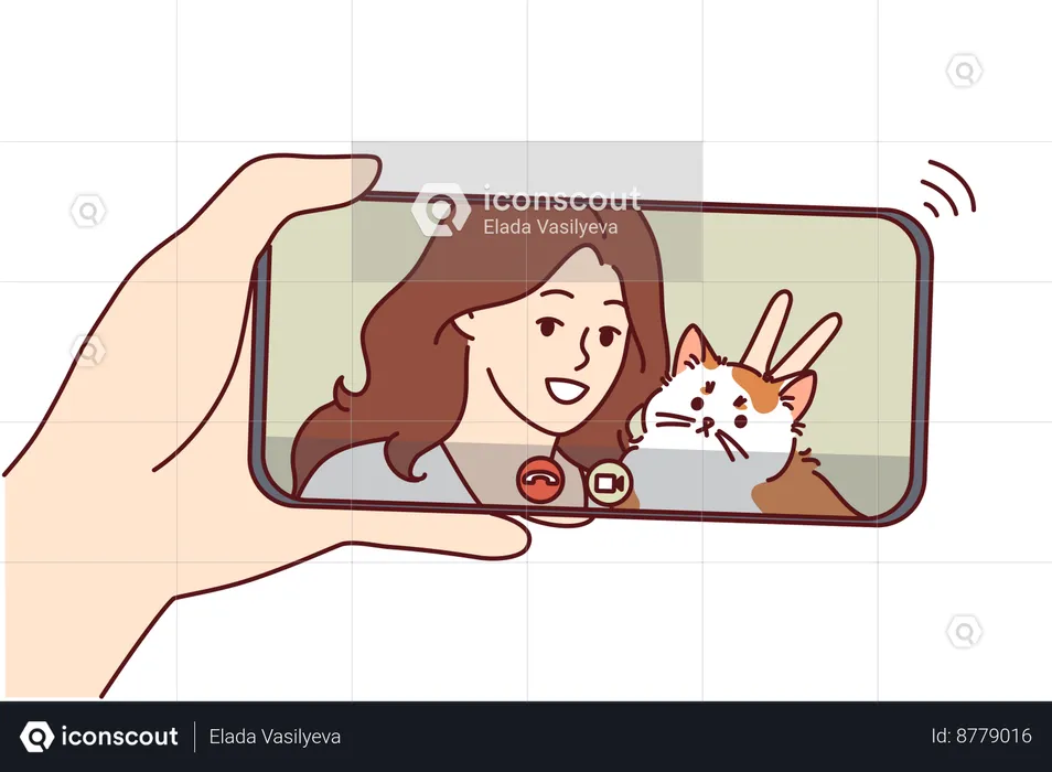 Woman is chatting on phone with her pet cat in her hand  Illustration