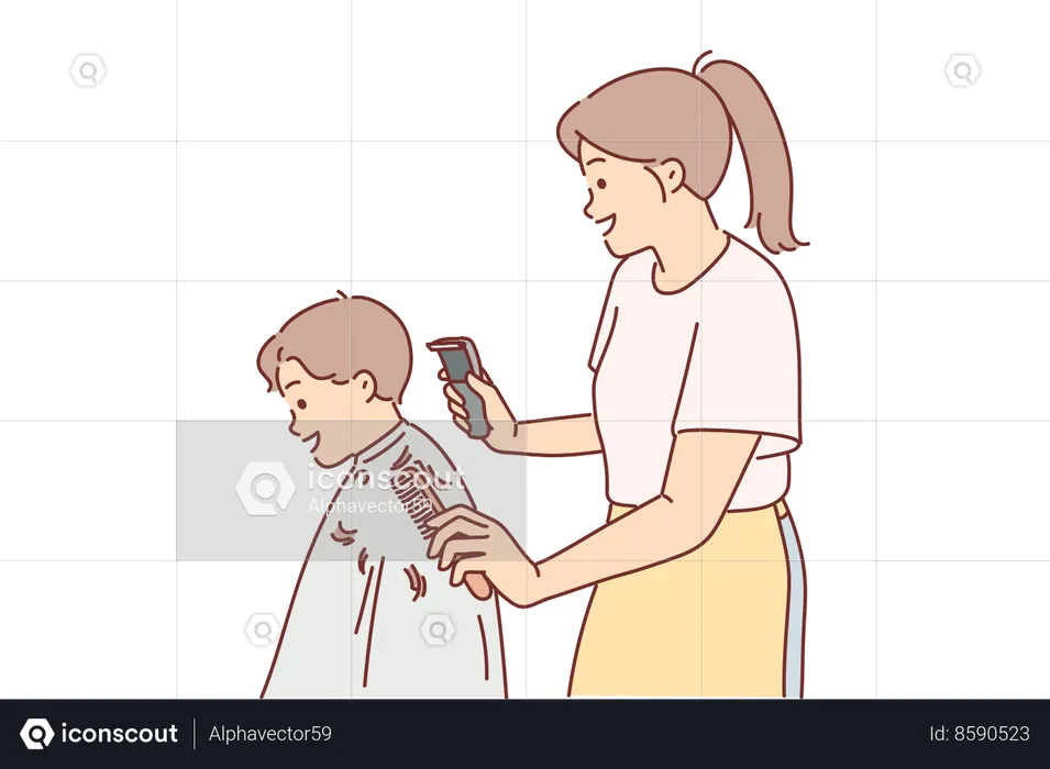 Woman is child's hairdresser  Illustration