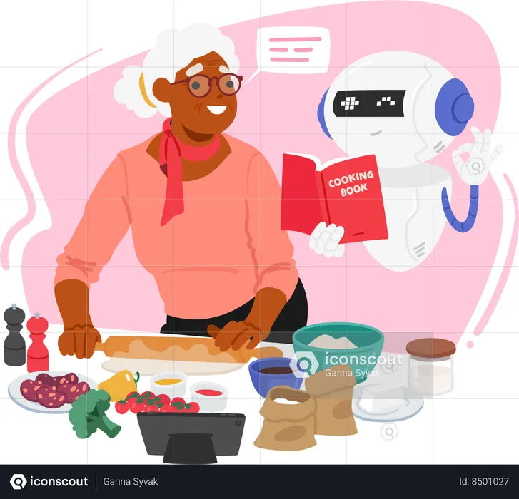 Woman is cooking while seeking help from chatbot  Illustration