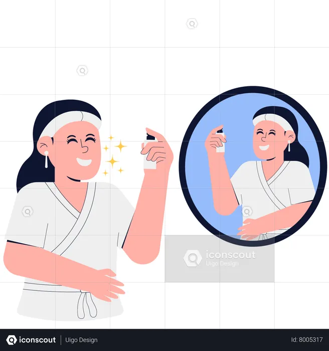 Woman is doing facial treatment by spraying facial moisturizer  Illustration