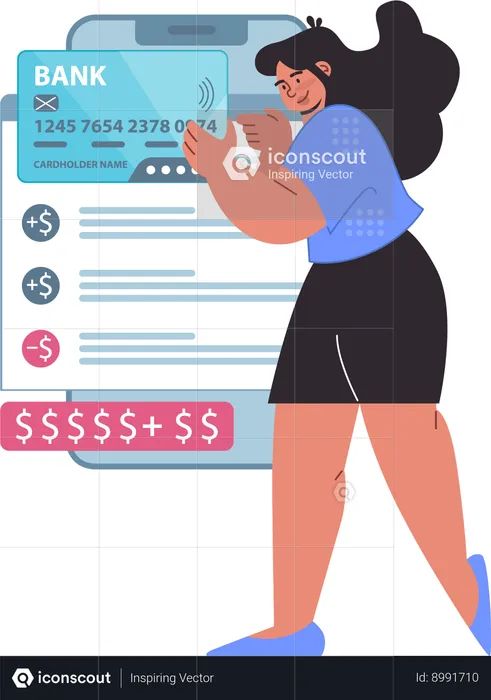 Woman is doing online payment through bank card  Illustration