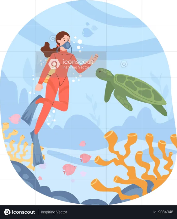 Woman is doing scuba to see island corals  Illustration