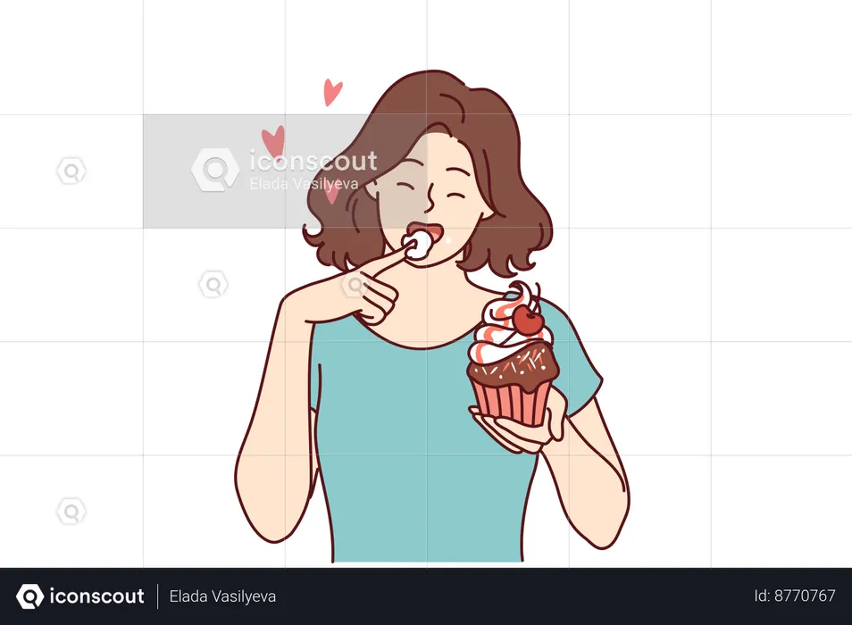 Woman is eating delicious cupcake  Illustration