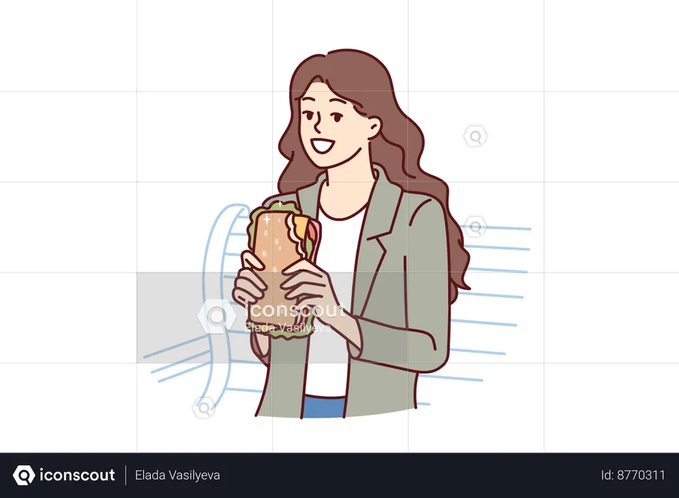Woman is eating hamburger while sitting in park  Illustration