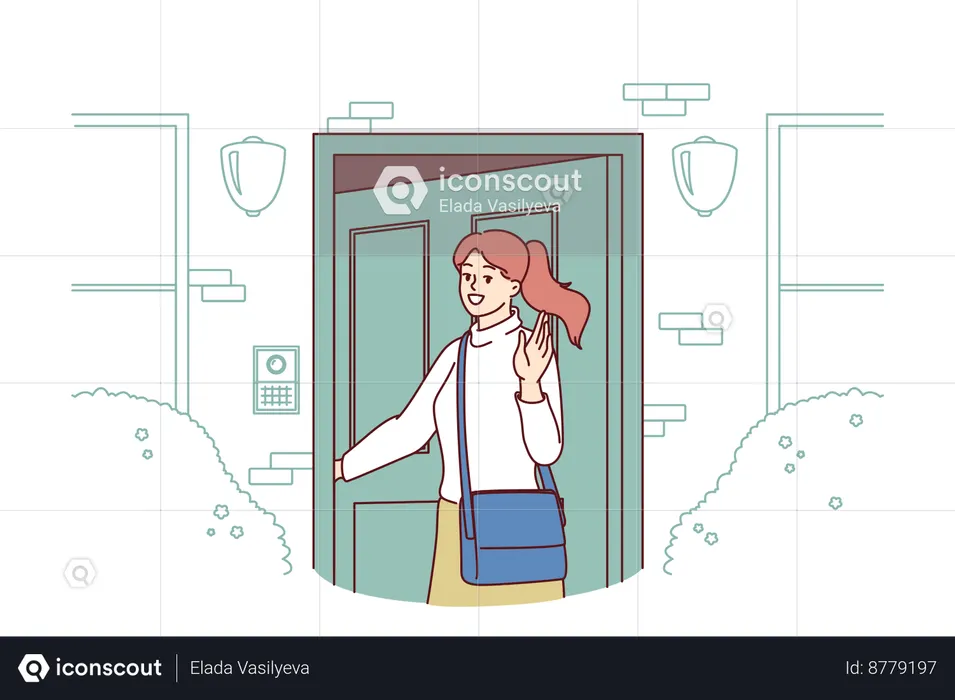 Woman is entering into house with smiling face  Illustration