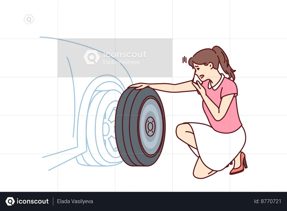 Woman is fixing car wheel  Illustration