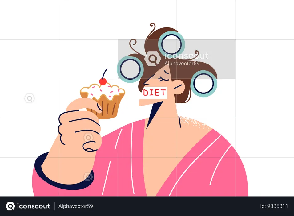 Woman is going to break diet by eating dessert  Illustration