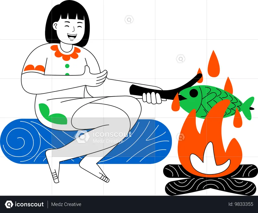 Woman Is Grilling Fish On Campfire  Illustration