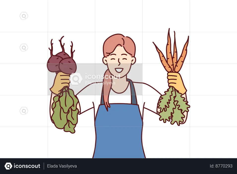 Woman is happy with good harvest of vegetables  Illustration