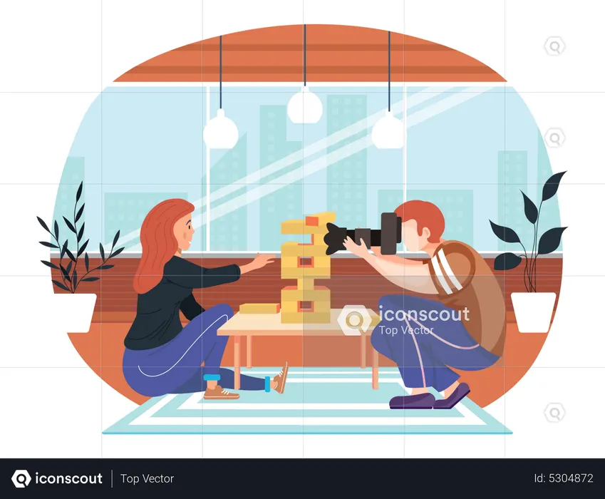 Woman is having fun with Jenga  Illustration