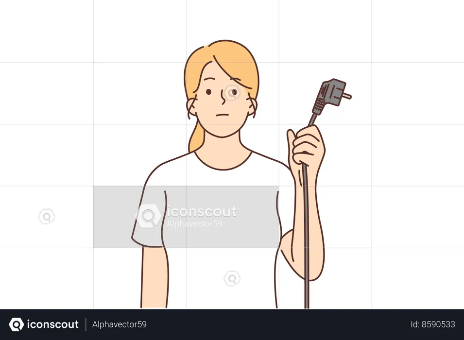 Woman is holding cord from electrical equipment  Illustration