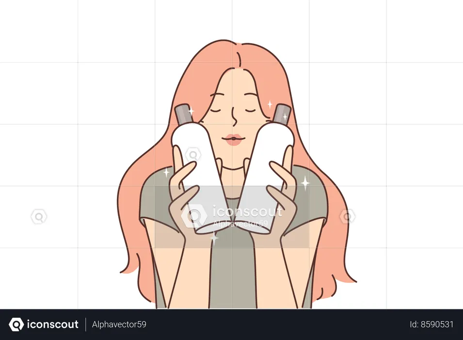 Woman is holding two bottles of shampoo  Illustration