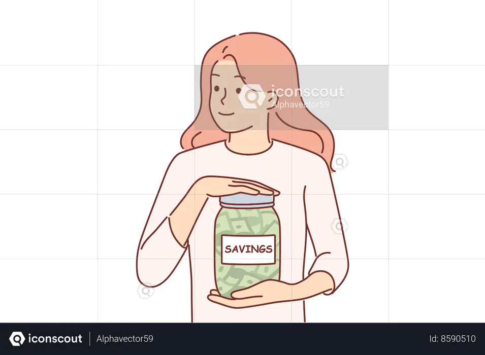 Woman is keeping savings in savings jar  Illustration