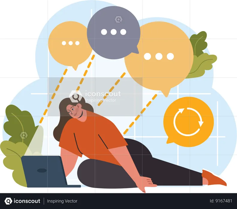 Woman is lying down and working on laptop  Illustration